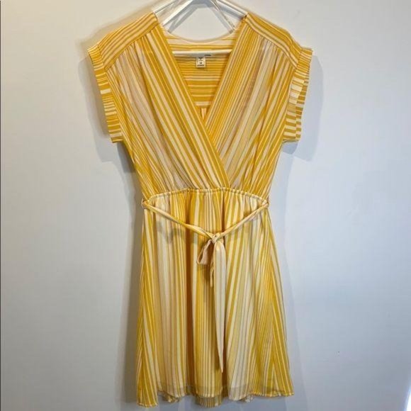 Monteau Dresses & Skirts - MONTEAU Faux Wrap Striped Yellow Dress Medium